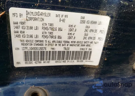 2003 Dodge Dakota Sxt from USA, damaged, VIN 1D7FL16X93S126576